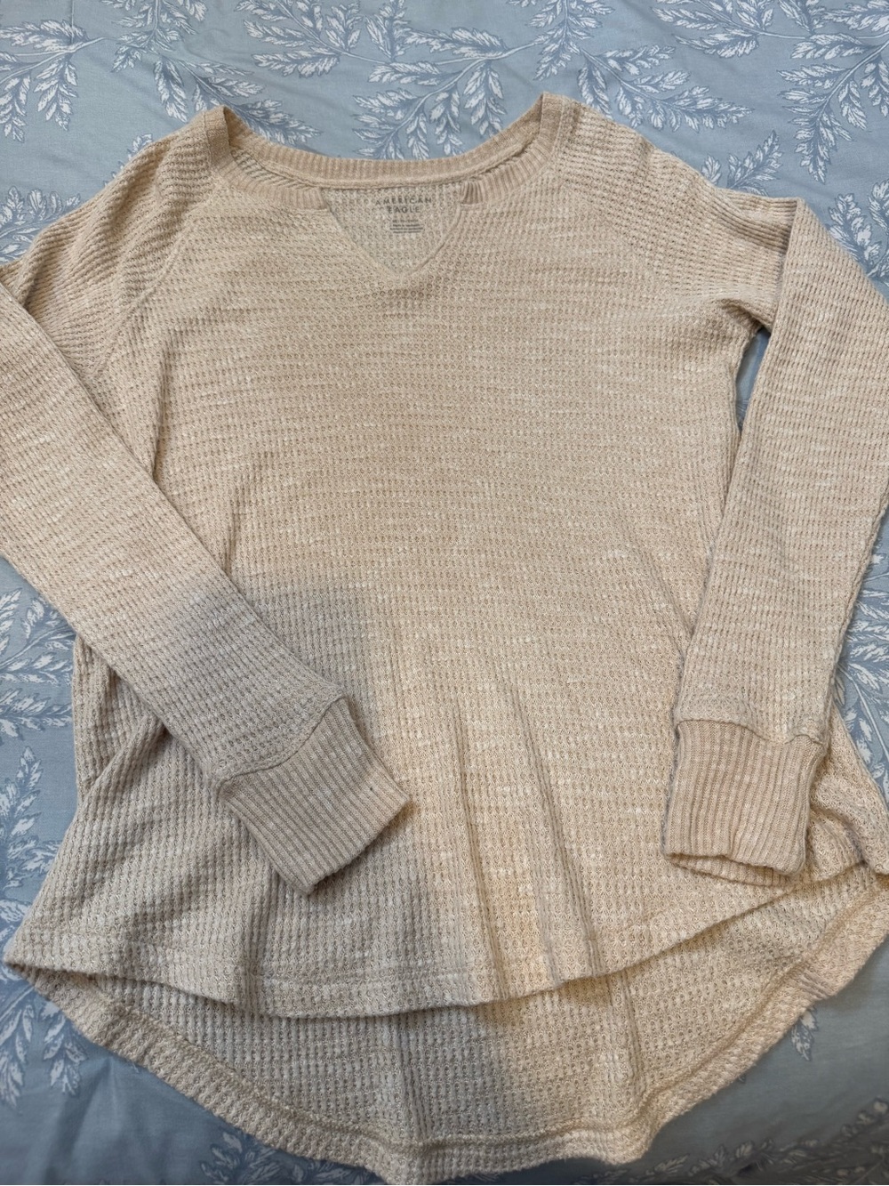 American Eagle Outfitters Beige Waffle-Knit Long-Sleeve Top